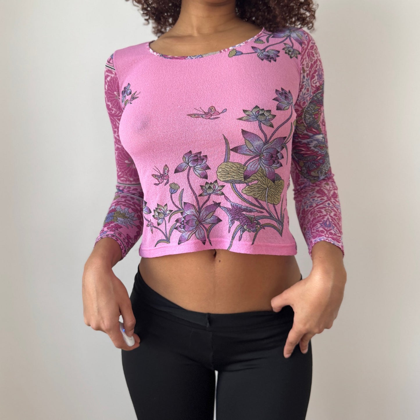 Vintage Italian Pink Floral Mesh Long Sleeve Top Semi Sheer (S)
