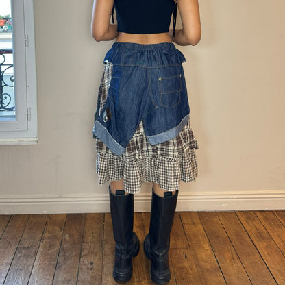 Vintage 00s plaid midi skirt with denim waistband and back (XS/S)