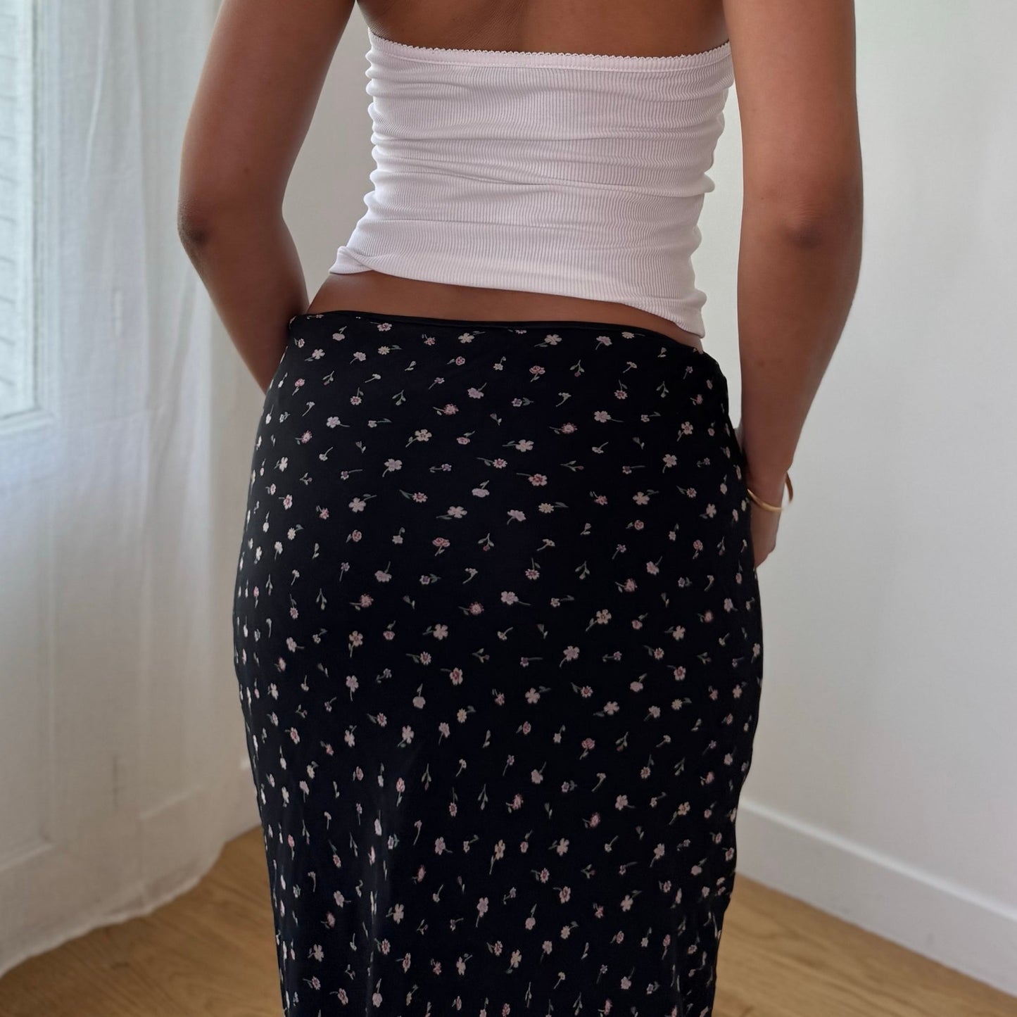 Vintage Black Ditsy Floral Mesh Maxi Skirt Double Layer Viscose Y2K (S)