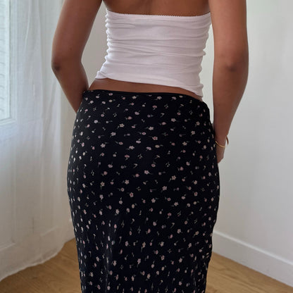 Vintage Black Ditsy Floral Mesh Maxi Skirt Double Layer Viscose Y2K (S)