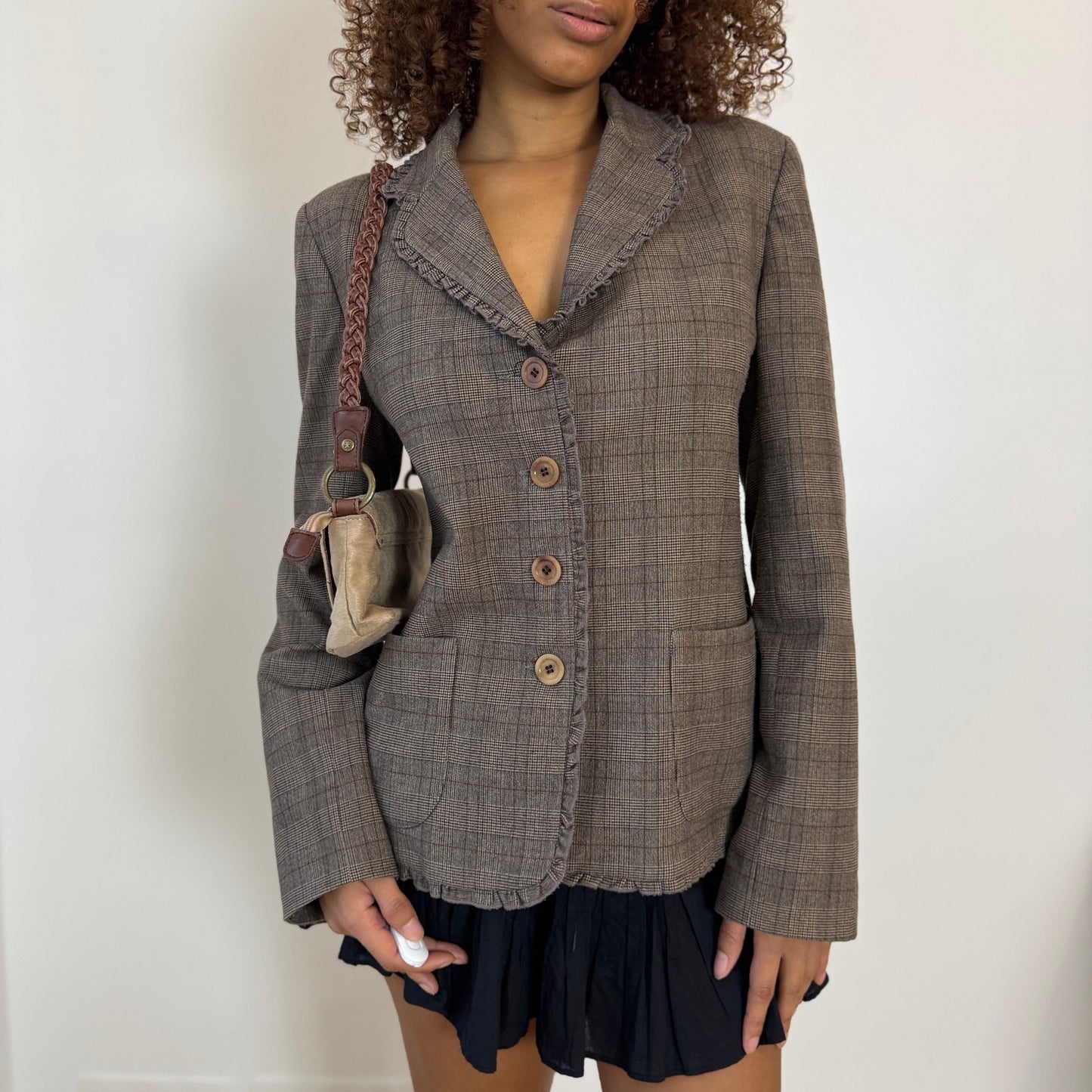Vintage French Taupe Plaid Button Front Tailored Jacket with Ruffle Trim (S/M)