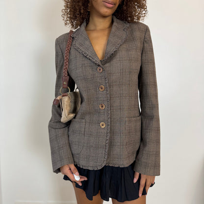 Vintage French Taupe Plaid Button Front Tailored Jacket with Ruffle Trim (S/M)