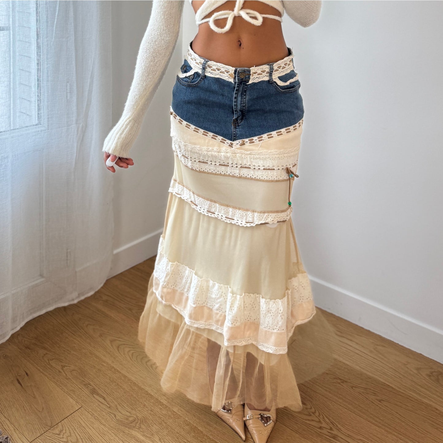 Vintage French denim and lace patchwork low-rise maxi skirt (Small)