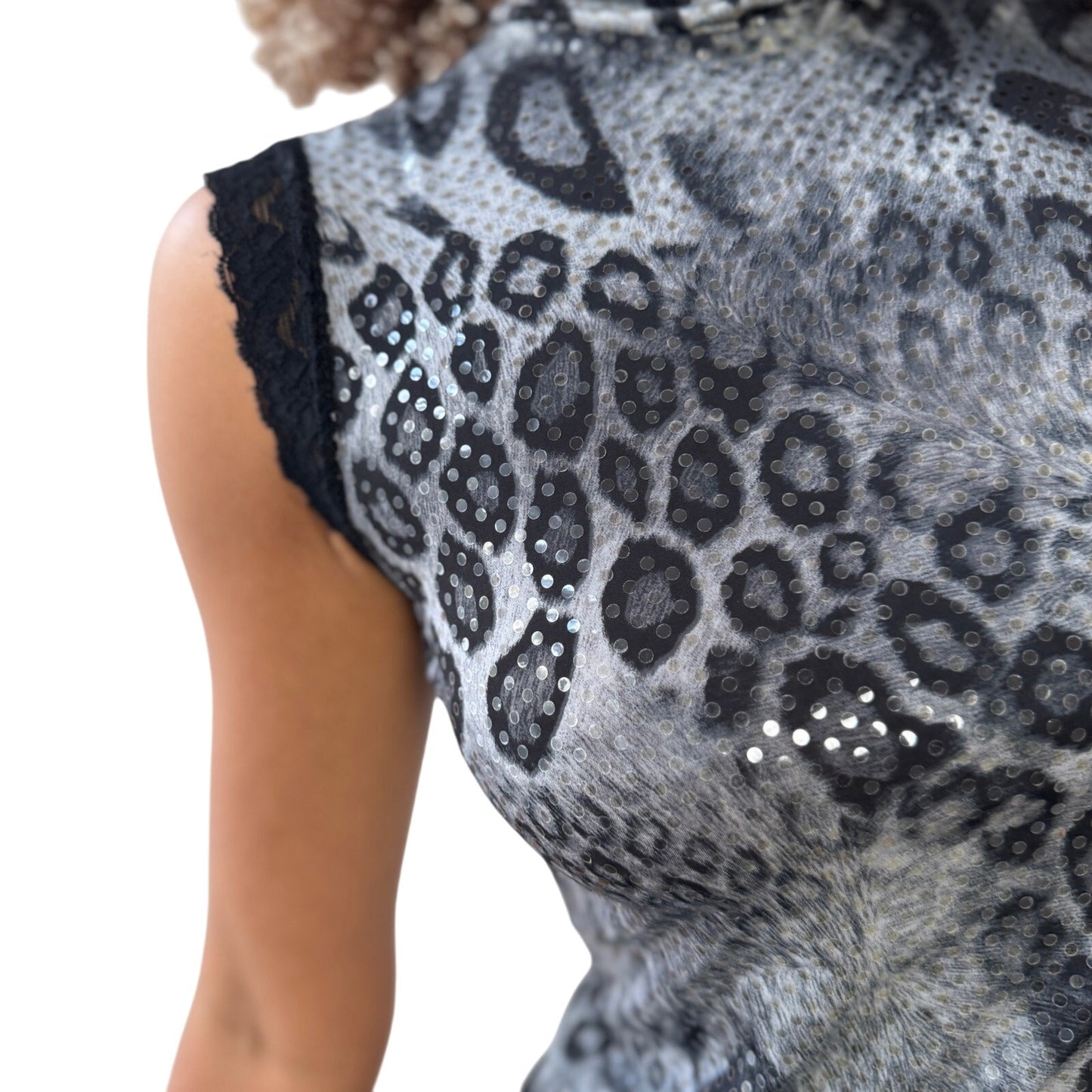 French Vintage Slinky Leopard Shimmer Mock-Neck Top (S/M)