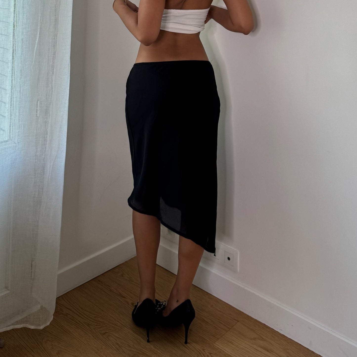 Vintage Black Asymmetrical Mesh Midi Skirt Sheer Hem Y2K (S)