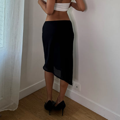 Vintage Black Asymmetrical Mesh Midi Skirt Sheer Hem Y2K (S)