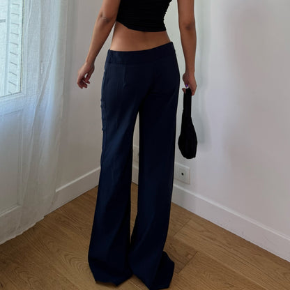 Vintage French Navy Rhinestone Wide Leg Trousers Y2K (S)