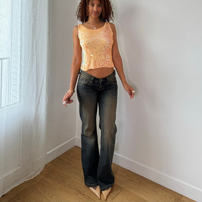 Vintage Peach Sequin Knit Tank Top Y2K Euro Sparkle Top (S)