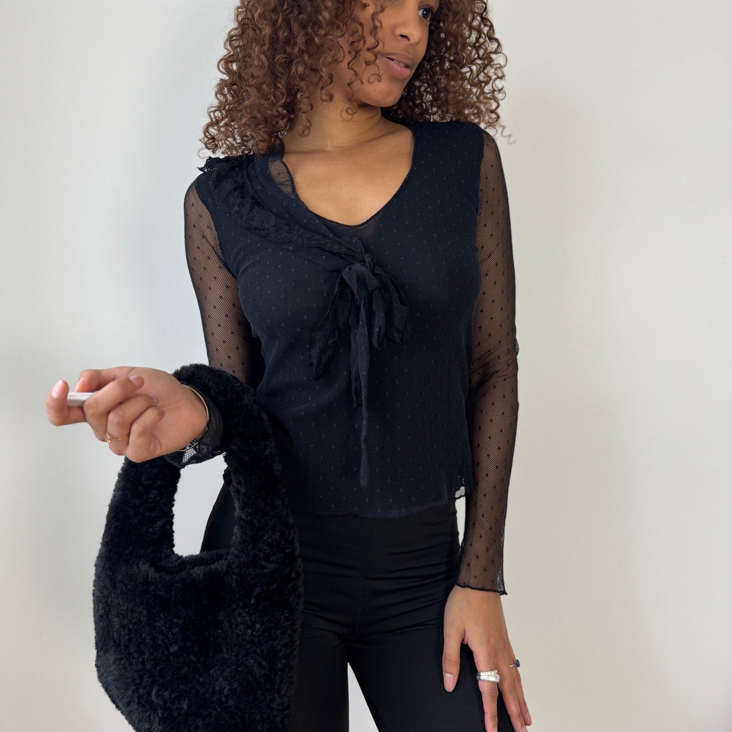 Vintage Italian black cotton mesh polka dot top with sheer sleeves (S)