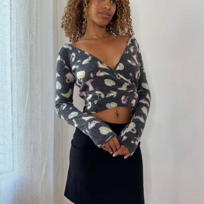 Italian Vintage Charcoal Grey Cocktail Print Wool Wrap Cardigan with Rhinestones & Lace