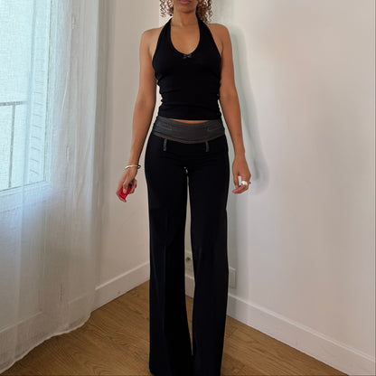 Vintage Celyn B Black Low Rise Wide Leg Pants Denim Waist Italian Y2K (XS)