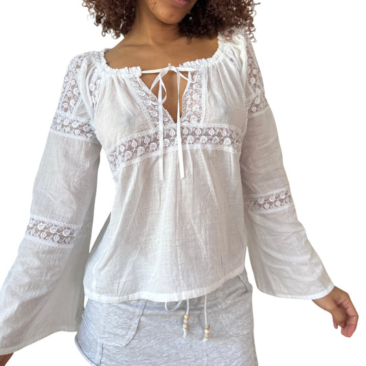 Vintage white cotton lace peasant blouse tie front sheer panels Y2K (S)