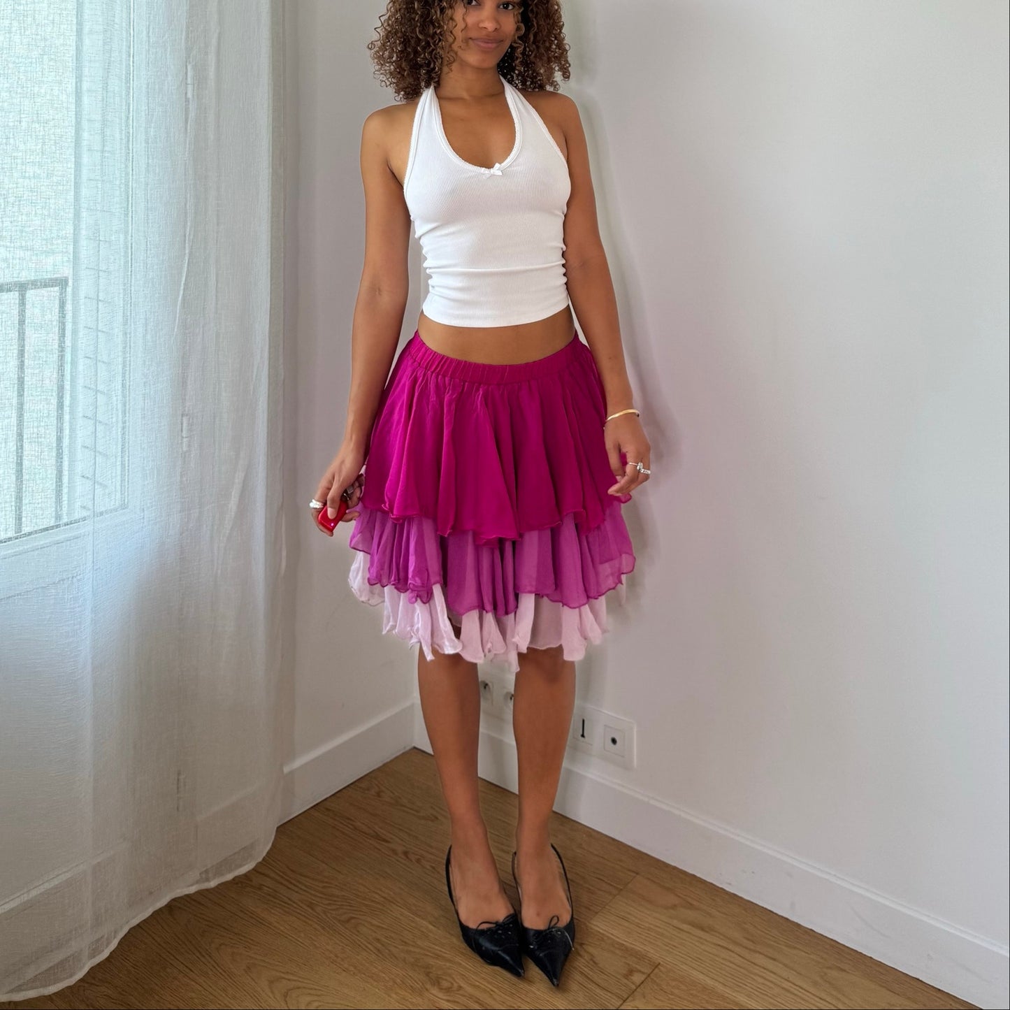 Vintage Hot Pink Purple Tiered Ruffle 100% Silk Mini Skirt Italian Y2K (S)