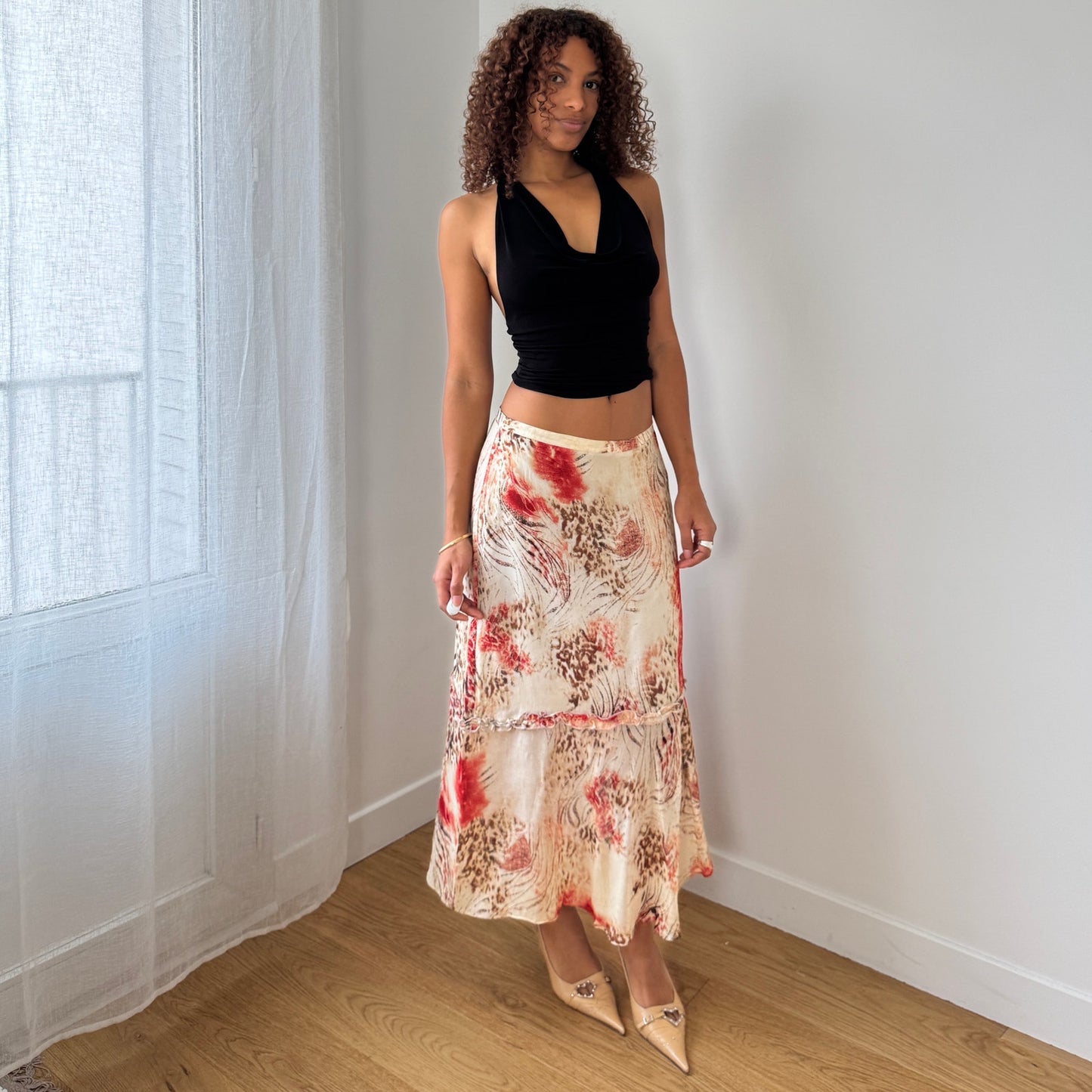 Vintage cheetah & abstract floral satin-mesh midi skirt with tiered hem (Small)