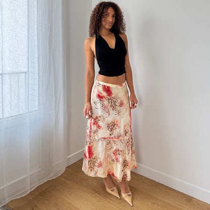 Vintage cheetah & abstract floral satin-mesh midi skirt with tiered hem (Small)