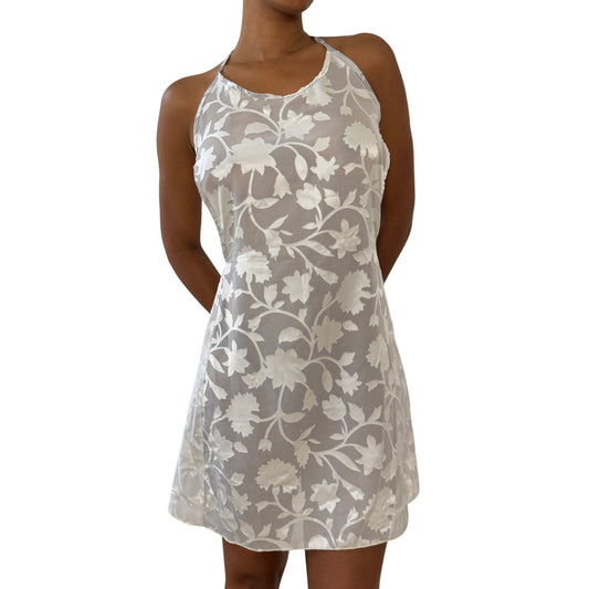 Vintage Euro Sheer Floral Halter Tie-Back Mini Dress (S/M)