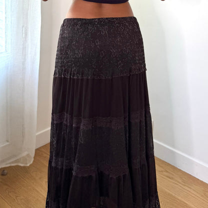 Vintage Dark Brown Lace Tiered Maxi Skirt Italian Boho Y2K (S/M)