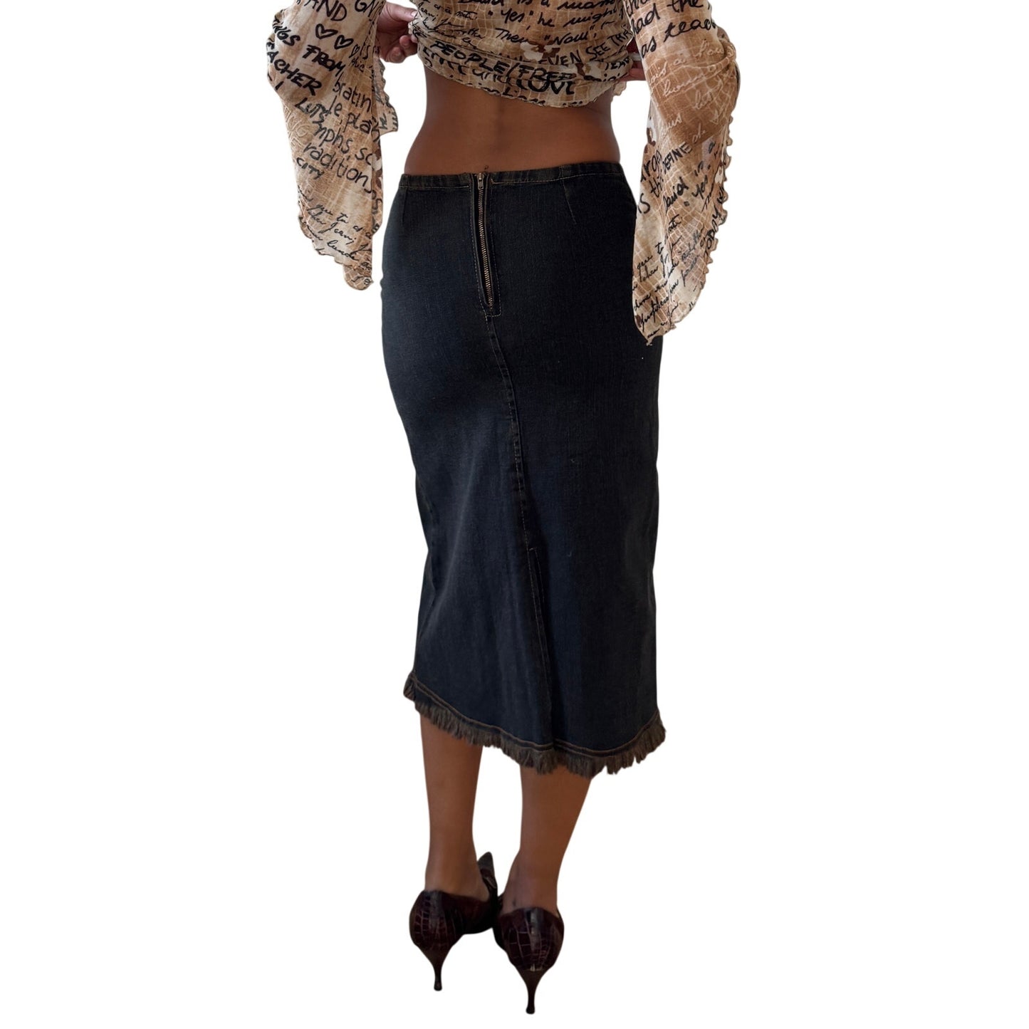 Vintage Italian Dark Blue Mid Rise Denim Midi Skirt with Contrast Seams (Small)