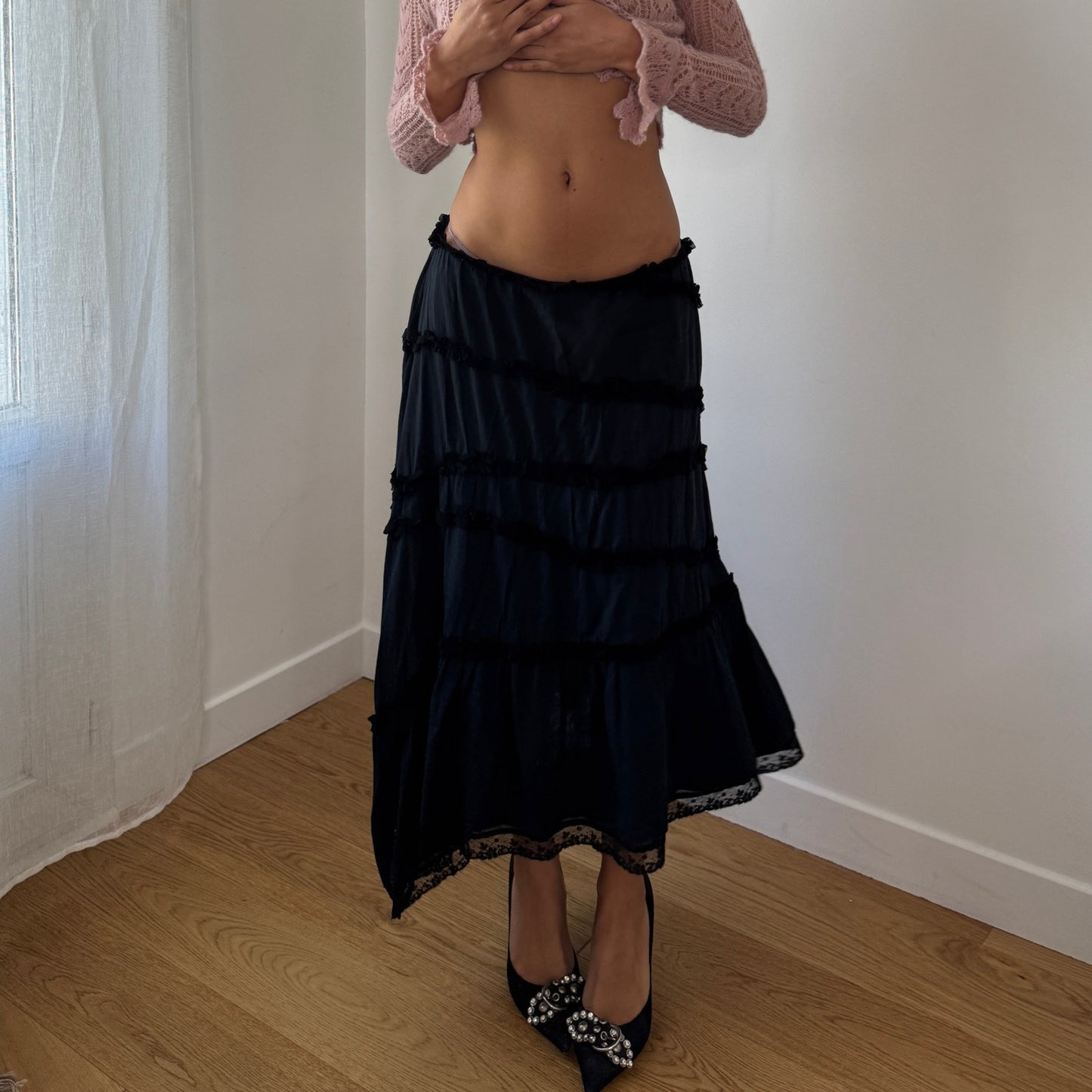 Vintage Italian Black Tiered Cotton Midi Skirt Lace Trim Boho Y2K (S/M)