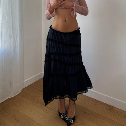 Vintage Italian Black Tiered Cotton Midi Skirt Lace Trim Boho Y2K (S/M)