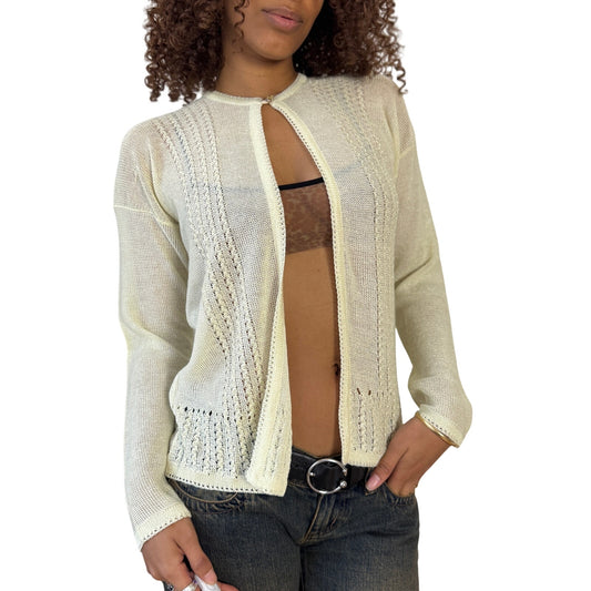 Vintage French Ivory Lightweight Knit Cardigan with Neck Button (Small)