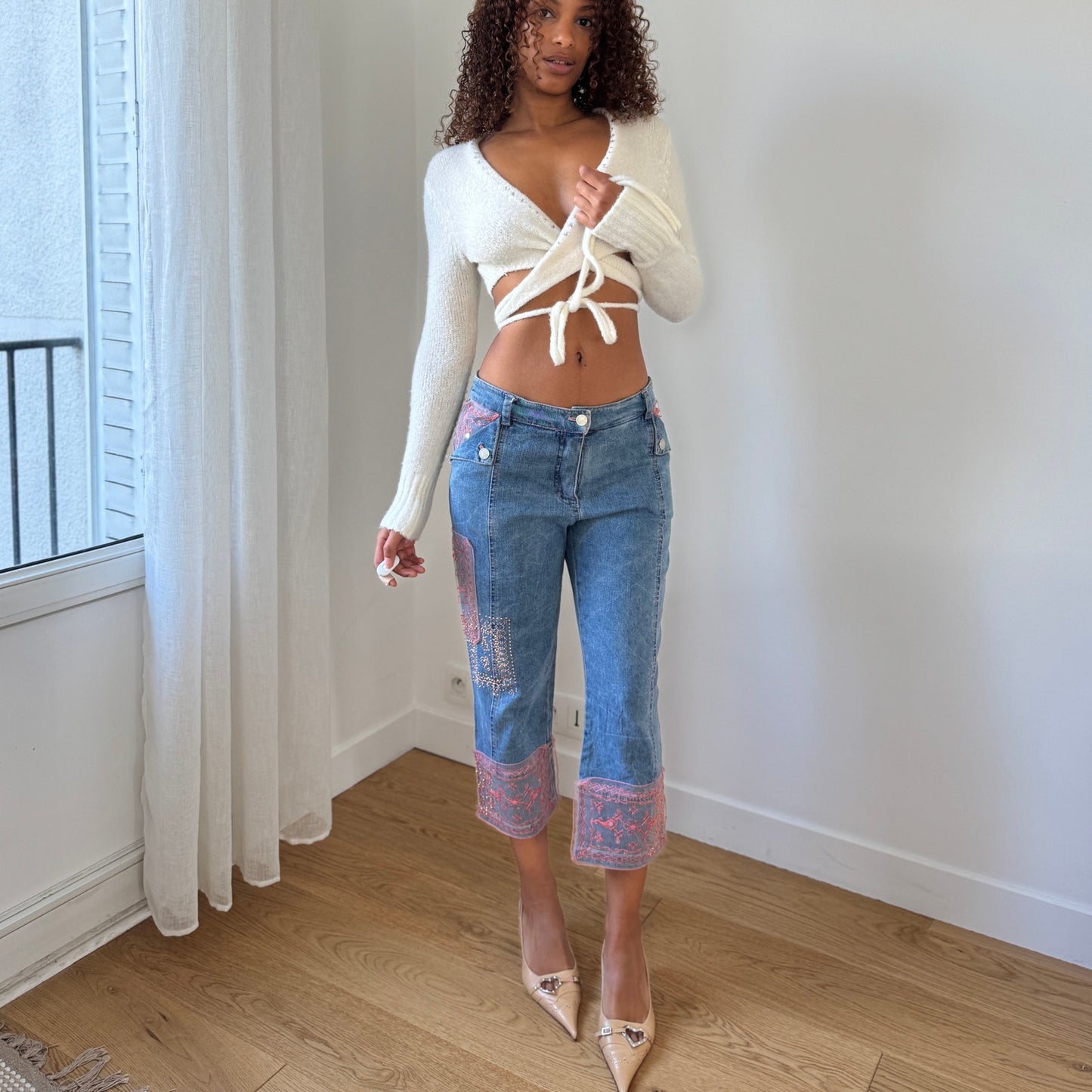 Vintage Italian Designer Embroidered Denim Cropped Pants Beaded Detail (S)