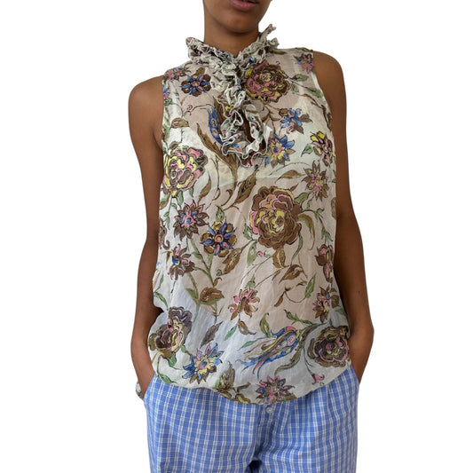 Vintage Italian Sheer Mesh Ruffle-Neck Floral Tunic Top (M/L)