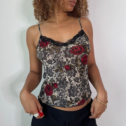 Vintage Black Red Rose Mesh Cami & Cardigan Set Floral Lace Y2K (S)