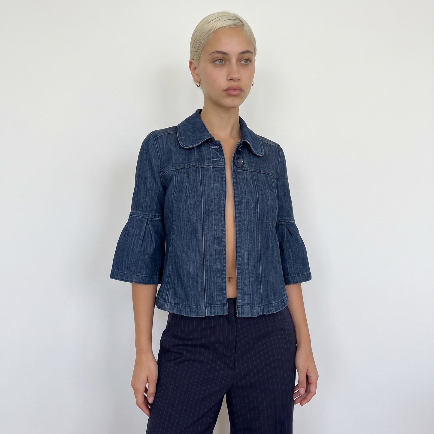 Vintage Blue Denim Cropped Jacket Bell Sleeve Cotton Y2K (S)