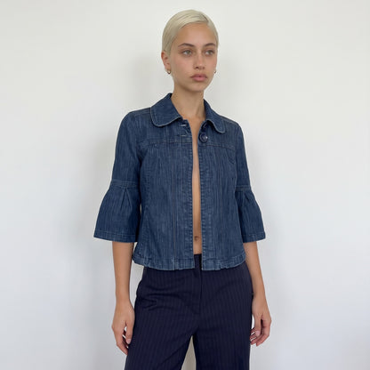 Vintage Blue Denim Cropped Jacket Bell Sleeve Cotton Y2K (S)
