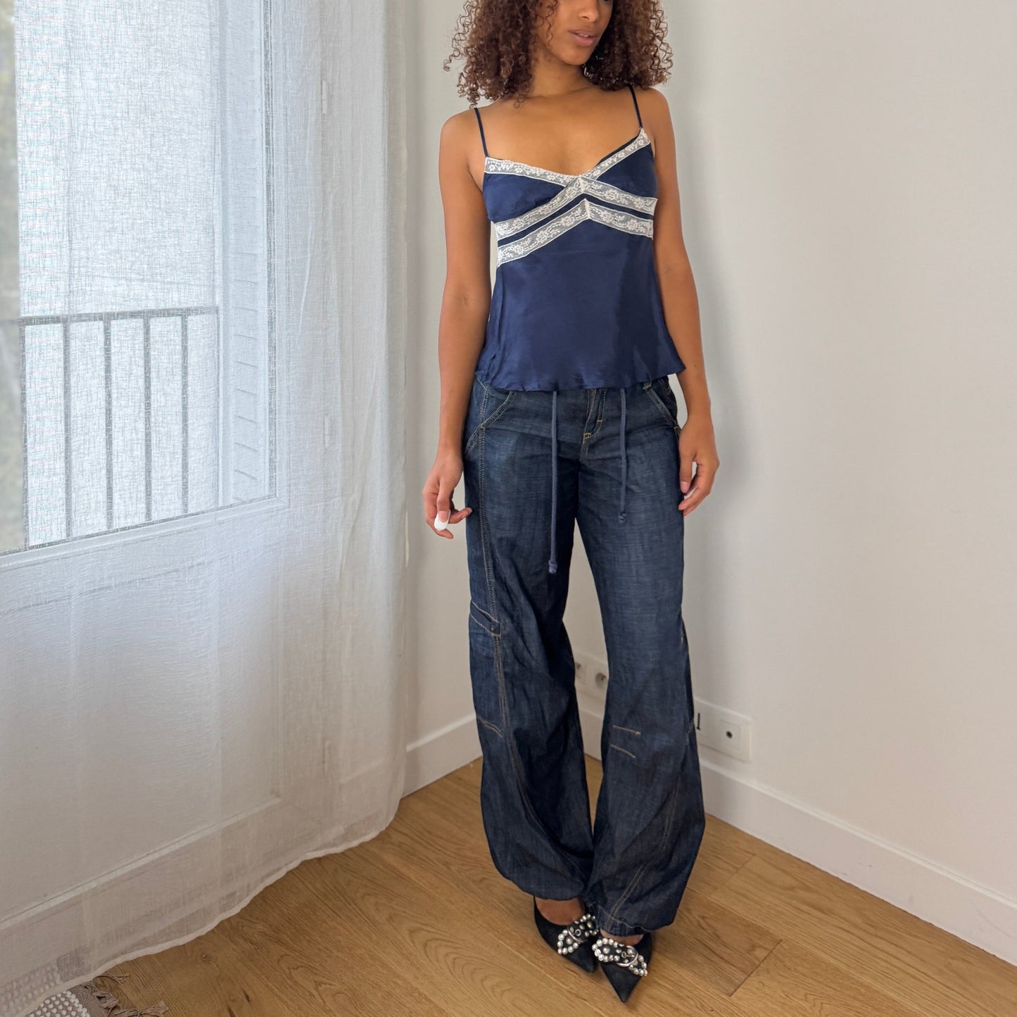 Vintage Benetton navy satin lace trim cami top (Small)