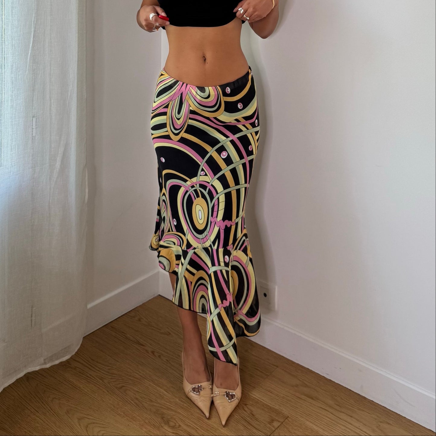 Vintage Black Pink Green Yellow Abstract Mesh Midi Skirt Euro Y2K (M)