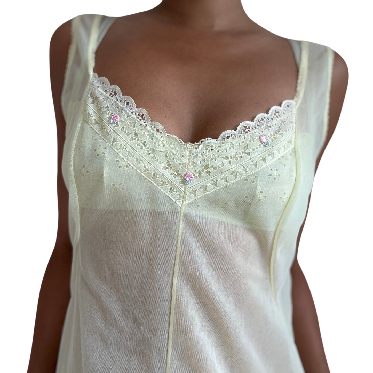 Vintage 80s Sheer Ivory Slip Dress Lace Trim Nightgown Mini (S/M)