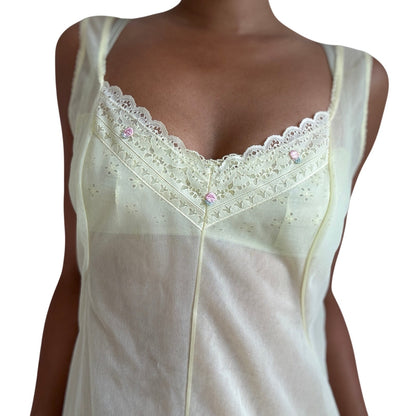 Vintage 80s Sheer Ivory Slip Dress Lace Trim Nightgown Mini (S/M)