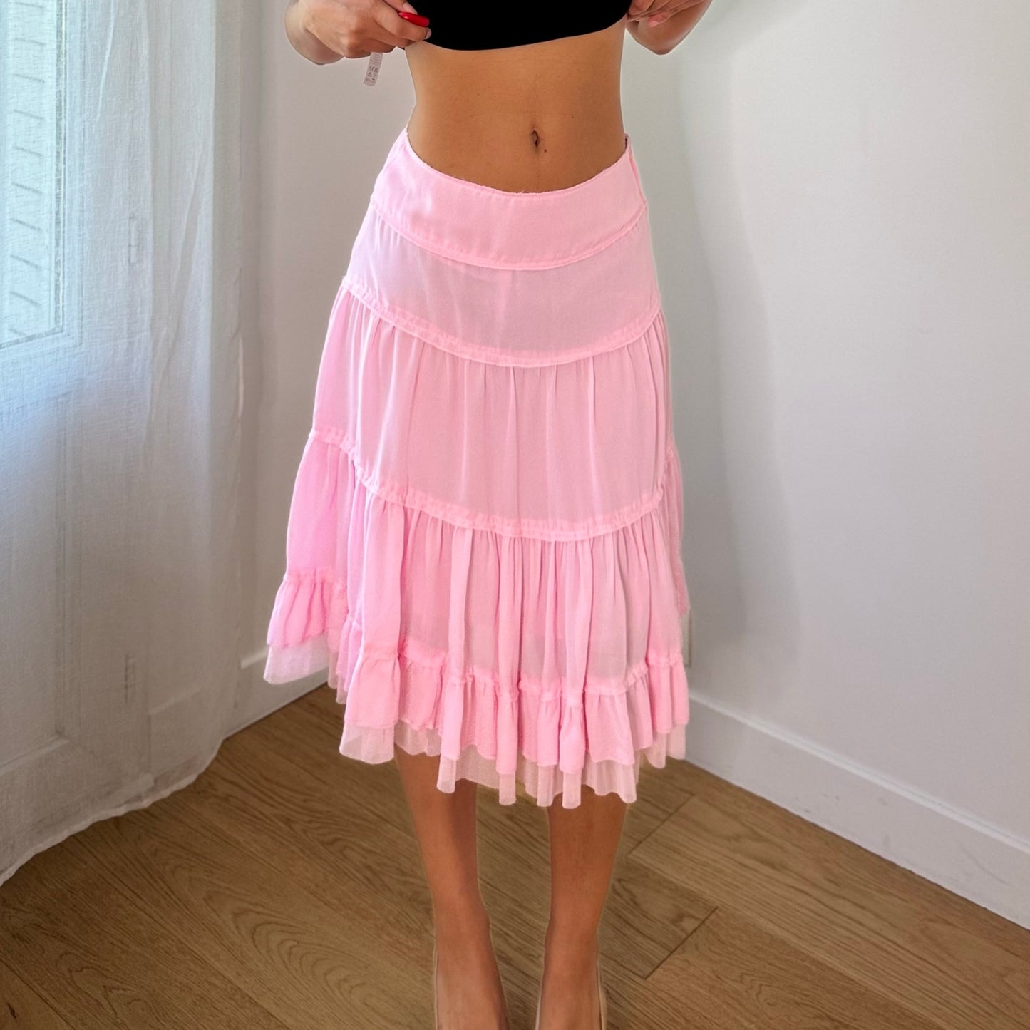 Vintage Baby Pink Tiered Ruffle Mesh Midi Skirt French Y2K (XS/S)