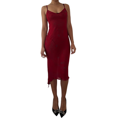 Vintage Italian Red Mesh Midi Dress Abstract Print Asymmetrical Hem (S)