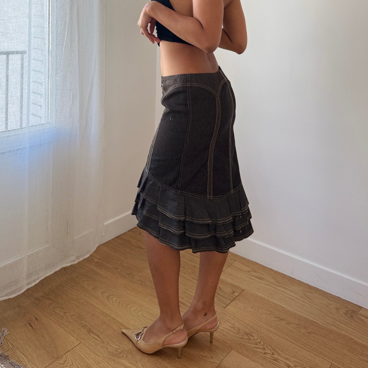 Vintage Euro Denim Midi Skirt Contrast Stitch Ruffle Hem (S)