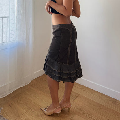 Vintage Euro Denim Midi Skirt Contrast Stitch Ruffle Hem (S)