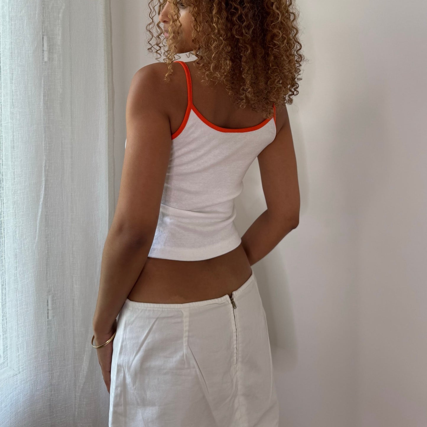 Vintage White Orange Star Graphic Glitter Cami Tank Top Made in Spain Y2K (S)