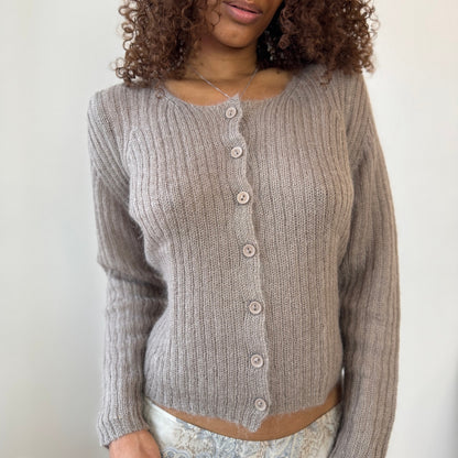 Italian Vintage taupe ribbed mohair-blend knit button-front cardigan (Medium)