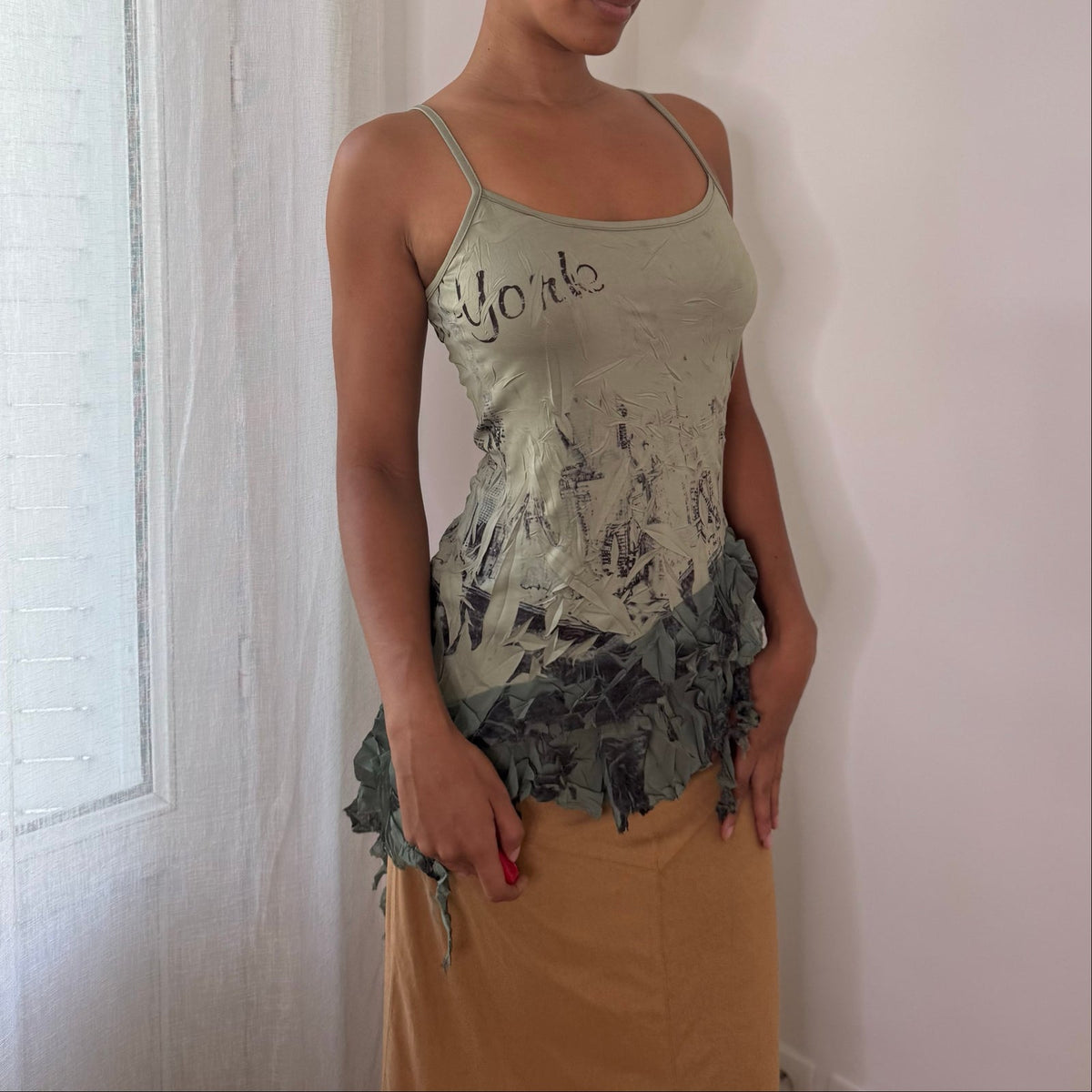 French vintage 2000s sage green graphic camisole top with floral print & asymmetric hem