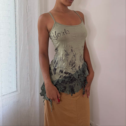 French vintage 2000s sage green graphic camisole top with floral print & asymmetric hem