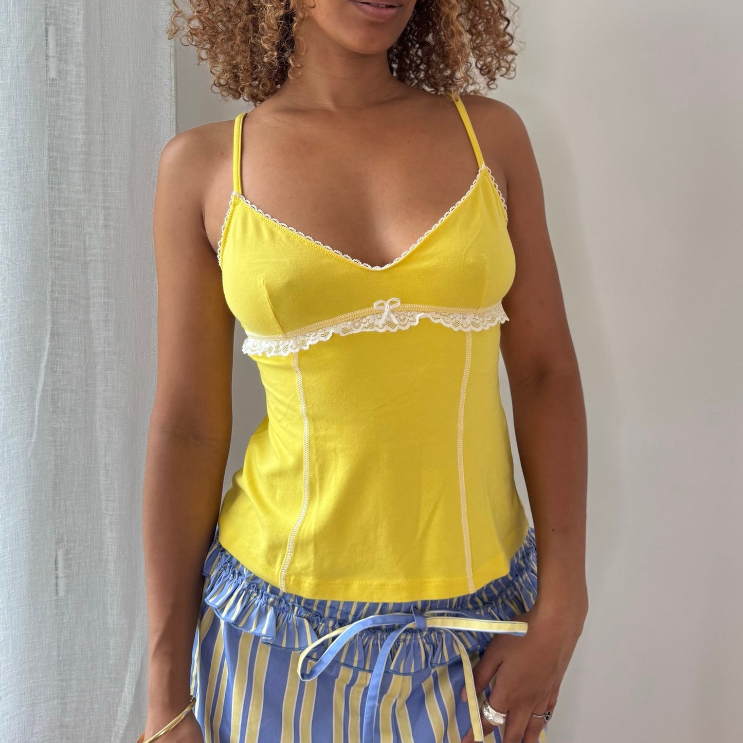 Intimissimi Yellow Lace Trim Cami Top Cotton Ribbed Y2K (S)