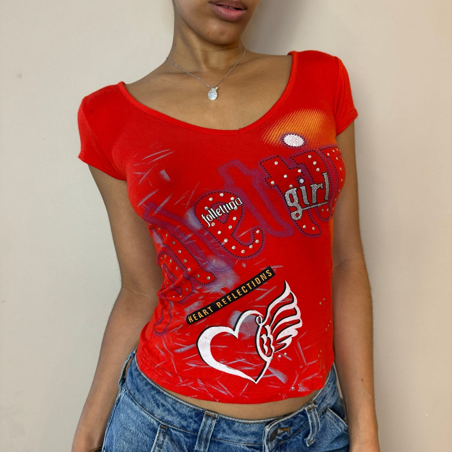 Italian Vintage 00s red graphic baby tee with lace up back (S) euro fitted