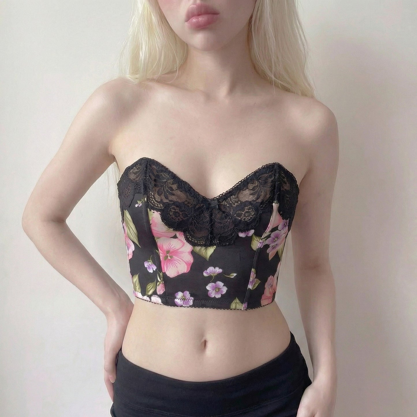 Vintage 90s Italian Black Floral Bustier Crop Top with Lace Trim (S, C cup)