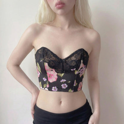 Vintage 90s Italian Black Floral Bustier Crop Top with Lace Trim (S, C cup)
