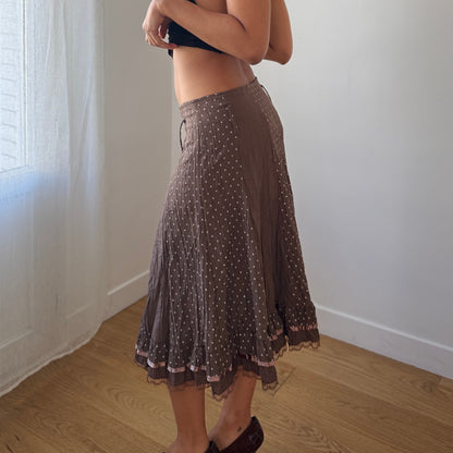Vintage French Taupe Midi Skirt Polka Dot Panel Lace Trim (S)