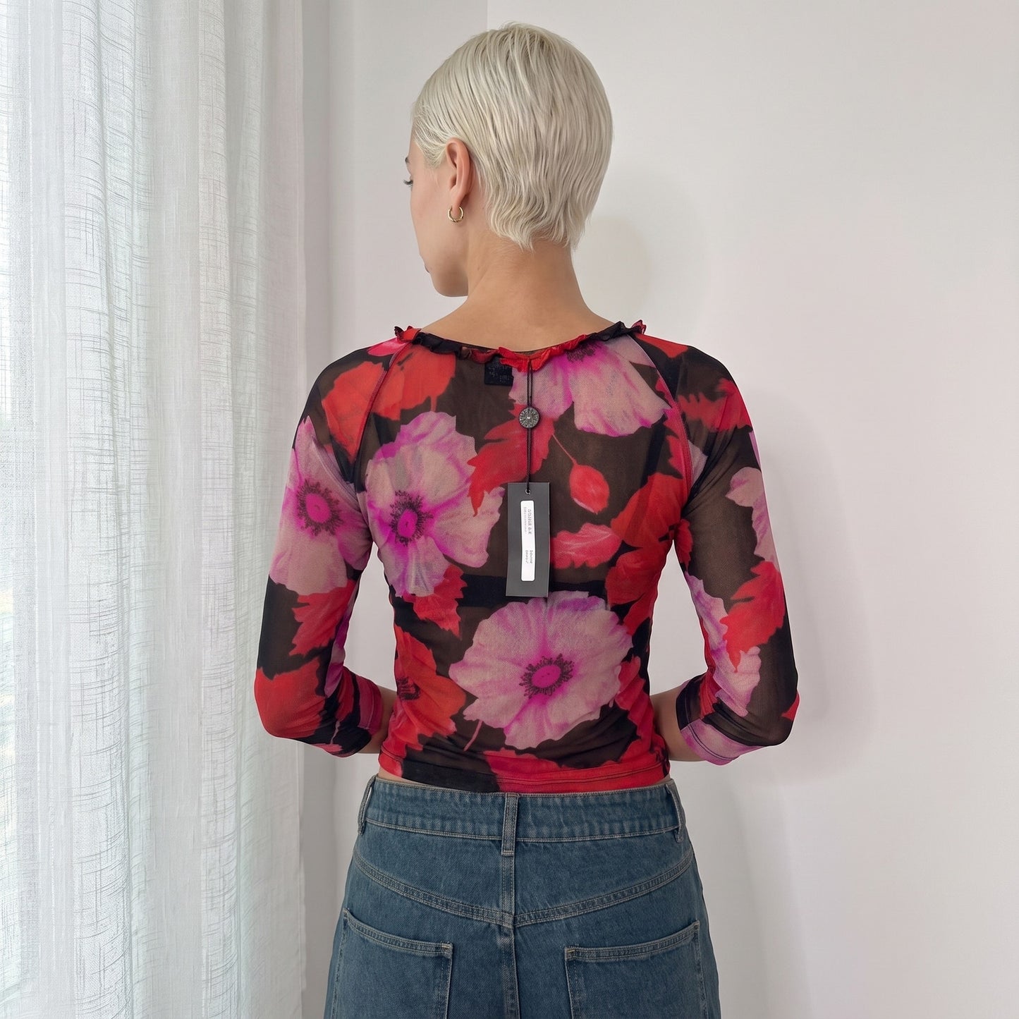 Vintage Black & Red Floral Mesh Top Sequin Appliqué Italian Y2K (S)