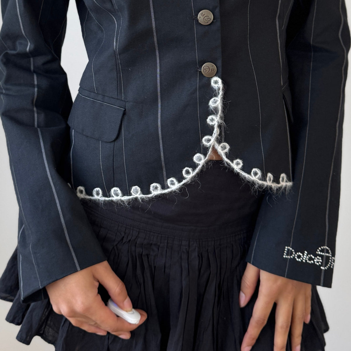 Vintage Black Pinstripe Wool Trim Jacket (S)
