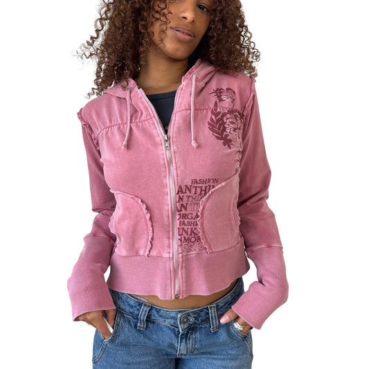 Vintage Morgan de Toi pink zip-up hoodie with graphic print & raw-edge details S